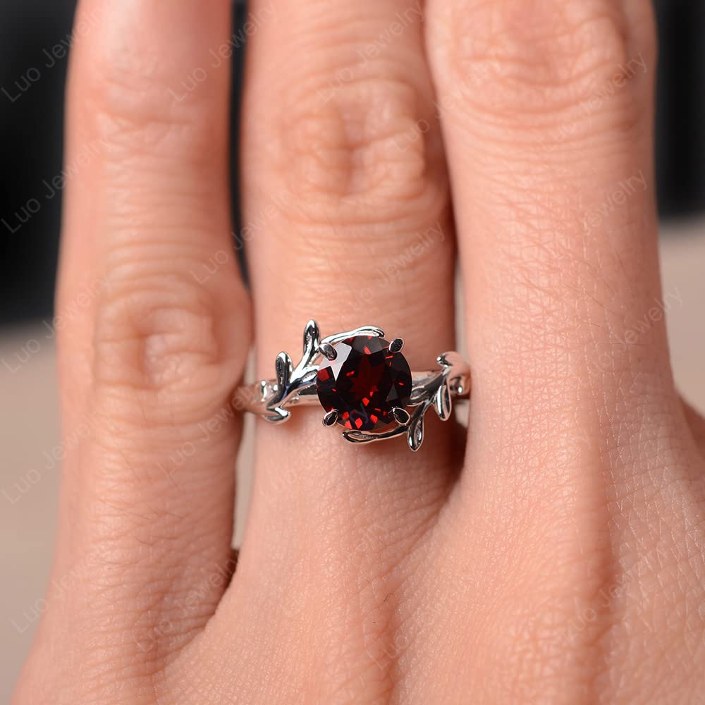 LUO Round Shaped 1.68 CT Garnet Ring Branch Promise Ring 925 Sterling Silver January Birthstone Ring for Women US Size 8