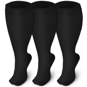 Iseasoo 3 Pairs Plus Size Compression Socks for Men and Women,Wide Calf Extra Large Socks,Prevent Swelling, Pain (4XL, Black)