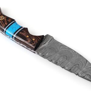 AA KNIVES 8.75” Handmade Damascus Hunting Knife with Leather Sheath - Fixed Blade Knife with Turquoise & Wang Wood Handle – Ideal for Skinning, Camping and Outdoor