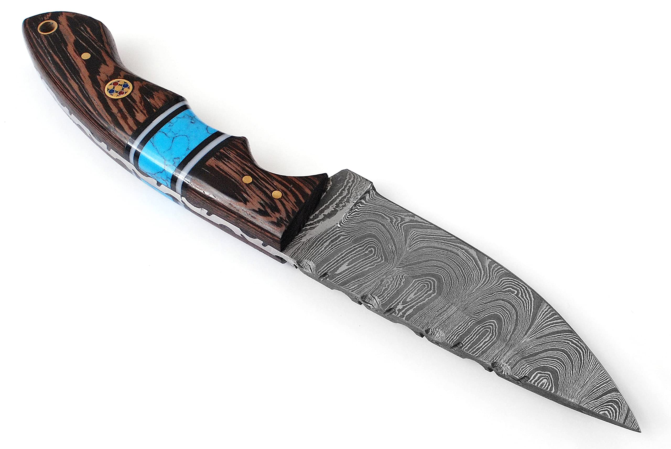 AA KNIVES 8.75” Handmade Damascus Hunting Knife with Leather Sheath - Fixed Blade Knife with Turquoise & Wang Wood Handle – Ideal for Skinning, Camping and Outdoor