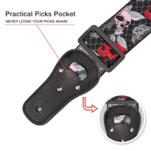 Skull Guitar Strap for Electric/Acoustic Guitar/Bass, Includes 2 Strap Locks + Strap Button, Jacquard Embroidered Guitar Straps