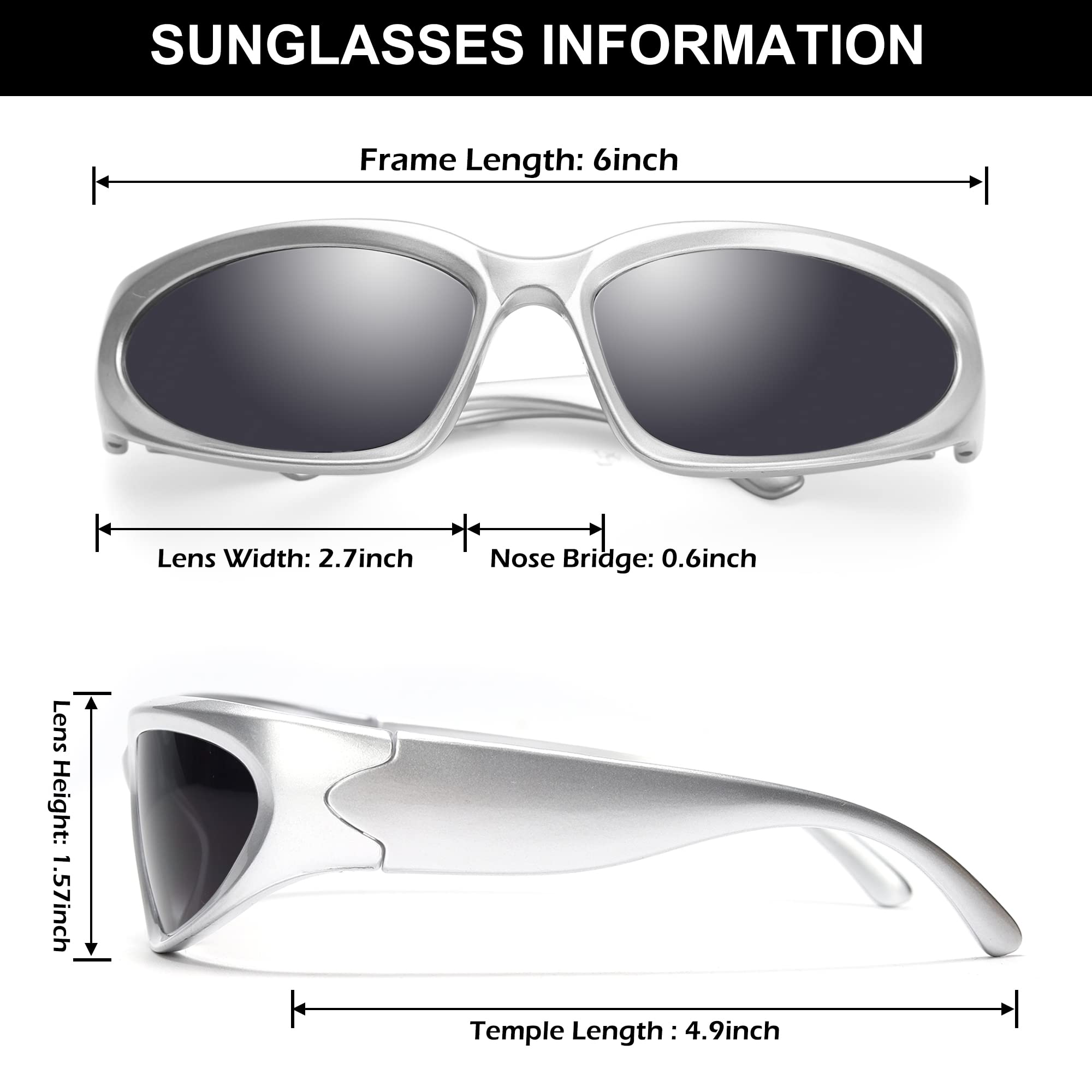 GUVIVI Wrap Around Fashion Sunglasses for Men Women Trendy Swift Oval Silver Dark Sunglasses Shades Glasses Eyeglasses