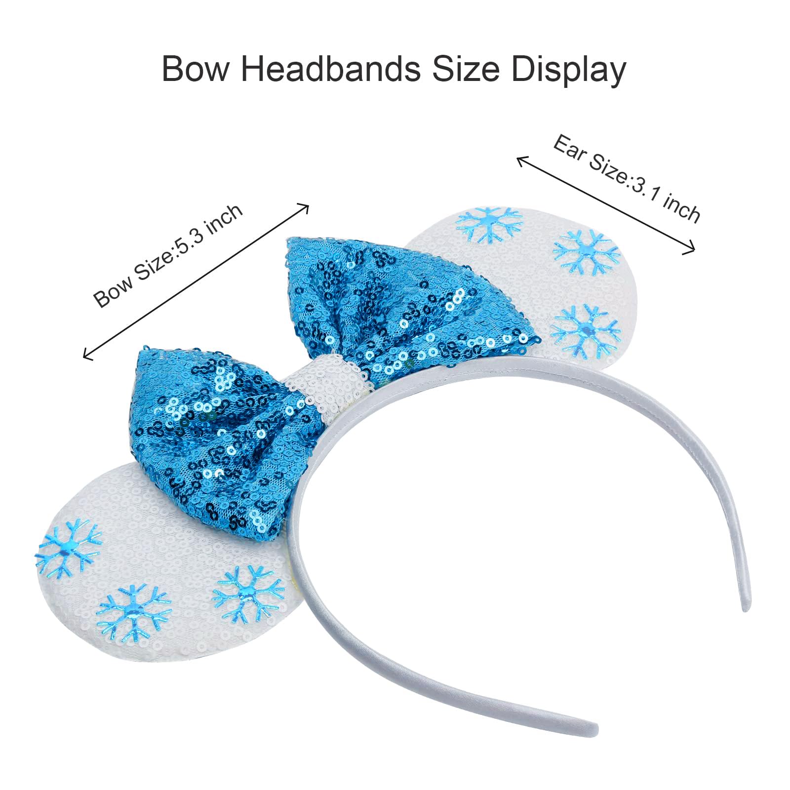 WOVOWOVO Mouse Ears Headbands for Women Girls Sparkle Bow Hairbands Halloween Christmas for Cosplay Costume Princess Party Decorations (Blue Snowflake)