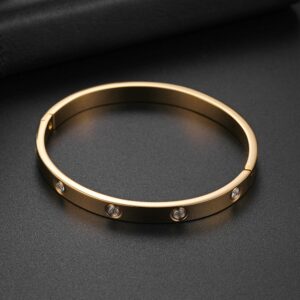 Rofusn Gold Bangle Bracelet Cuff with CZ Stone, Stainless Steel Womens Trendy Bracelets Jewelry Gift for Valentines Day