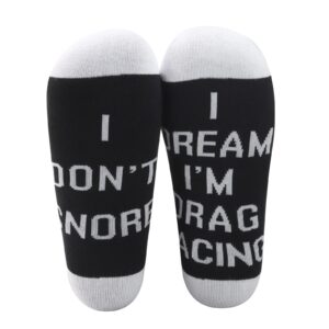 ZJXHPO Drag Racing Crew Socks I Don’t Snore I Dream I’m Drag Racing Novelty Sock Car Lover Gift Car Drag Racing Gift (Snore Drag Racing)