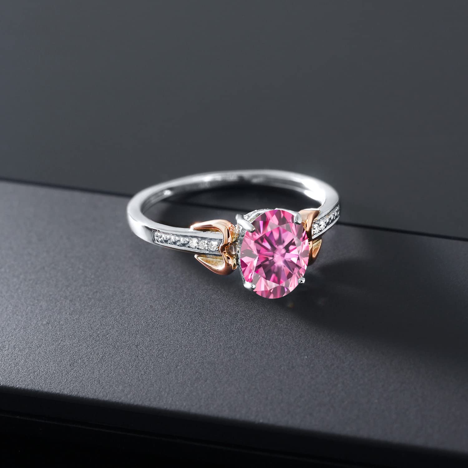 Gem Stone King 925 Sterling Silver and 10K Rose Gold Oval Pink Moissanite and White Diamond Women Ring (1.42 Cttw, Available In Size 5, 6, 7, 8, 9)