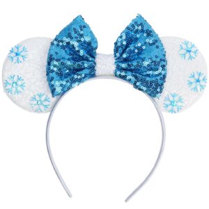 wovowovo mouse ears headbands for women girls sparkle bow hairbands halloween christmas for cosplay costume princess party decorations (blue snowflake)