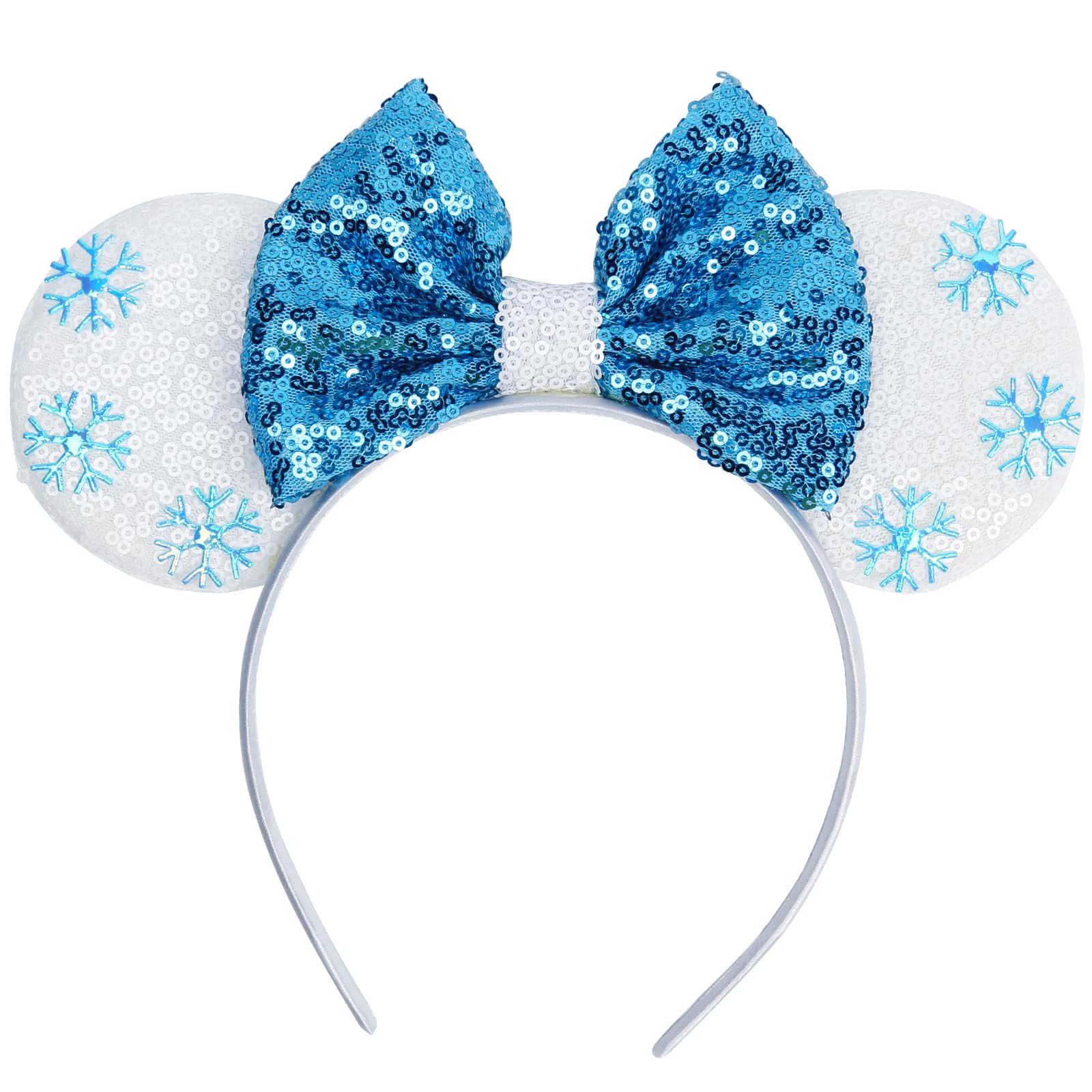 WOVOWOVO Mouse Ears Headbands for Women Girls Sparkle Bow Hairbands Halloween Christmas for Cosplay Costume Princess Party Decorations (Blue Snowflake)