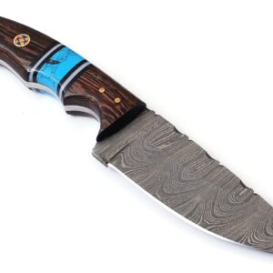 AA KNIVES 8.75” Handmade Damascus Hunting Knife with Leather Sheath - Fixed Blade Knife with Turquoise & Wang Wood Handle – Ideal for Skinning, Camping and Outdoor