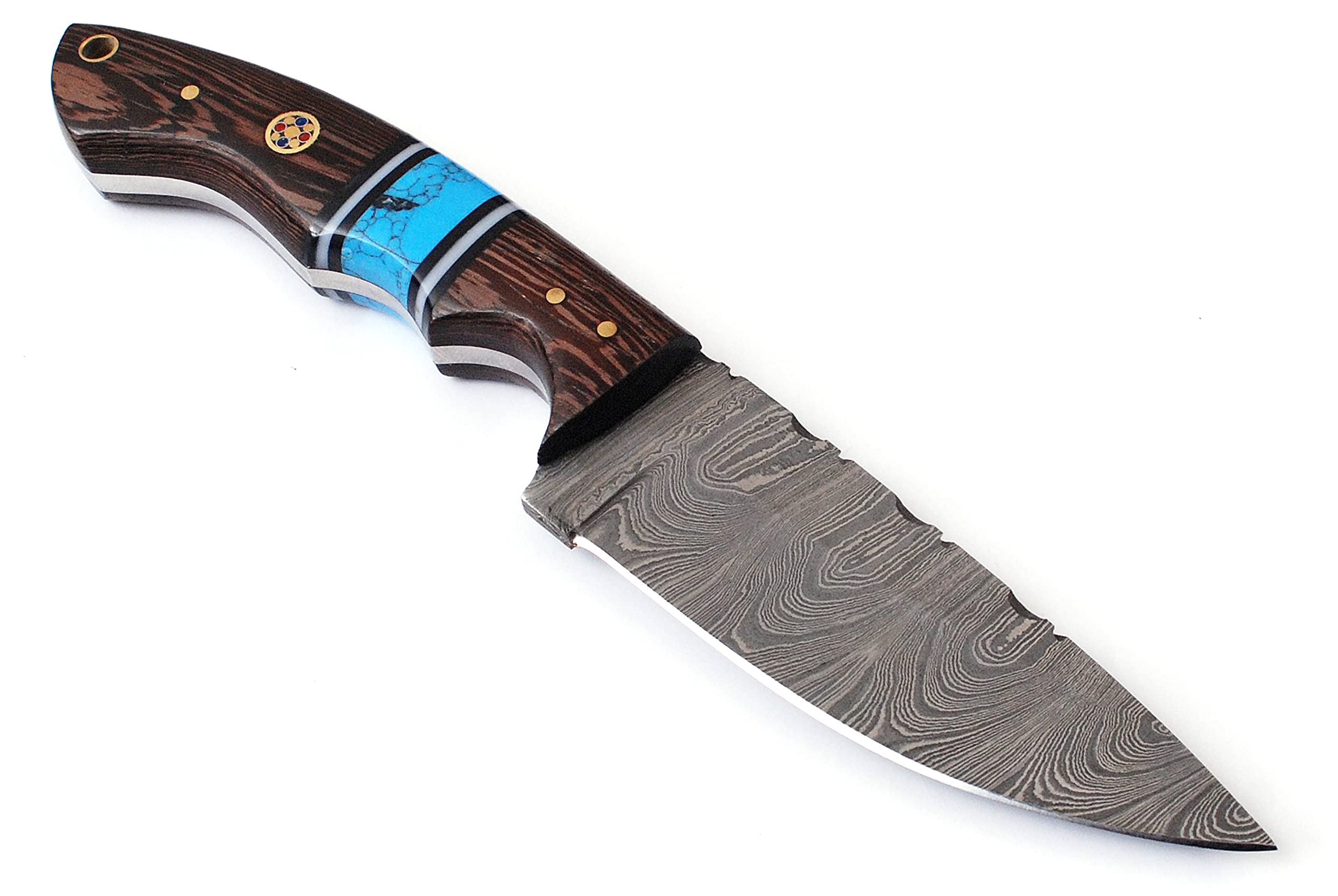 AA KNIVES 8.75” Handmade Damascus Hunting Knife with Leather Sheath - Fixed Blade Knife with Turquoise & Wang Wood Handle – Ideal for Skinning, Camping and Outdoor