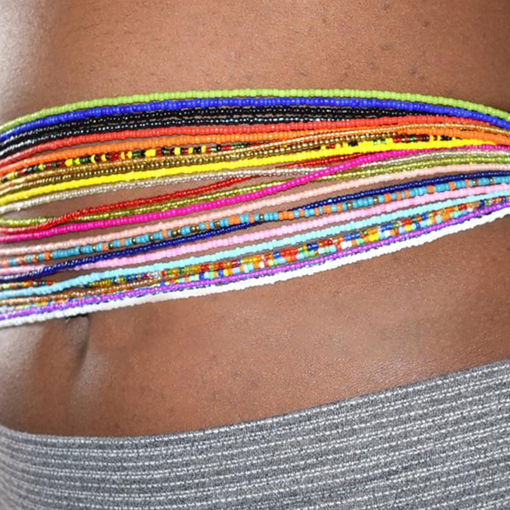 African Beads Waist Chains for Women,Colorful Handmade Seed Beads Waist Belly Chain Multilayer Body Chain Jewelry Accessories Beads Elastic Waist Chain