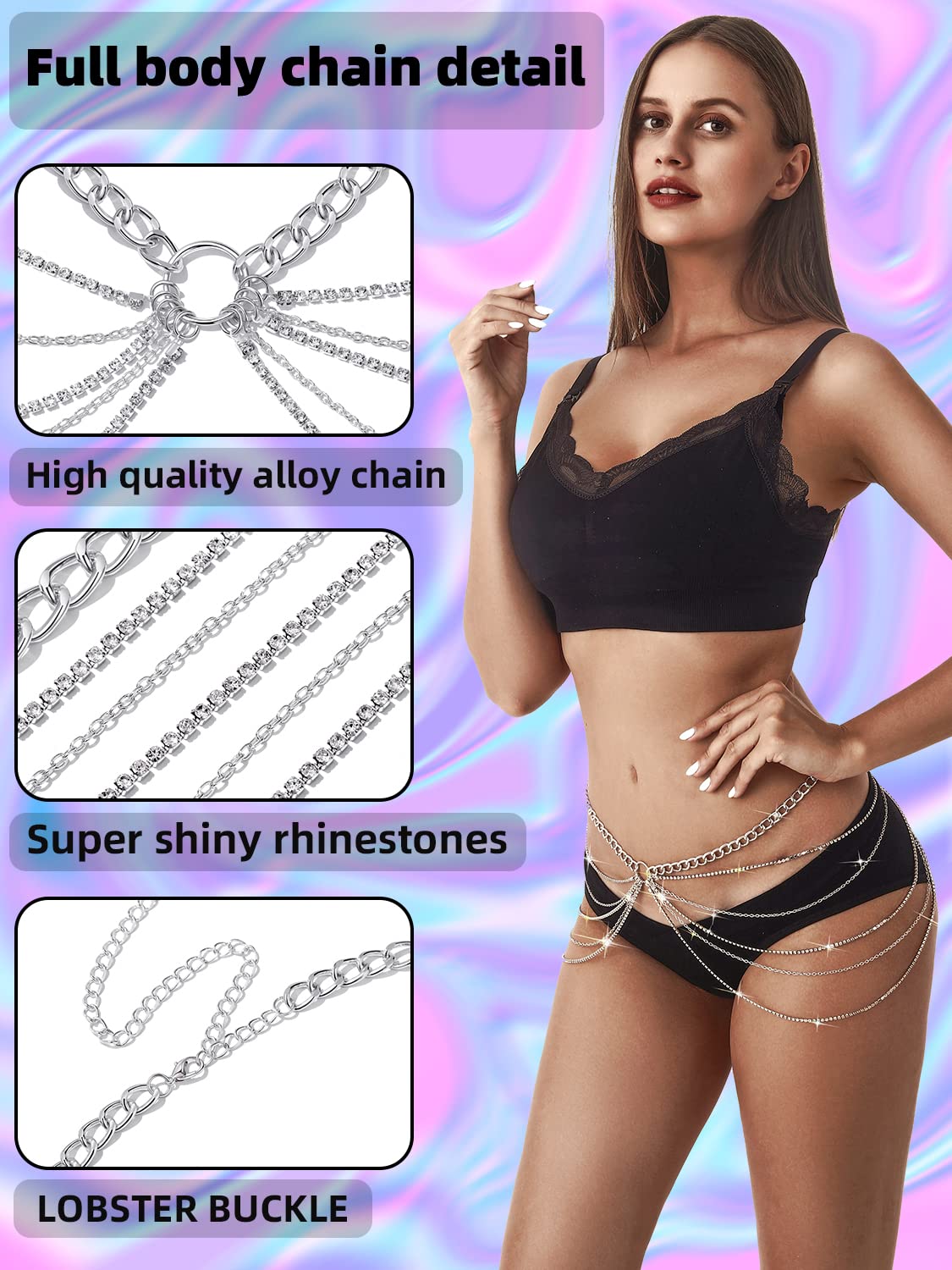 Rhinestone Body Chains Jewelry For Women And Girls Sexy Belly Waist Chain Bikini Beach Accessories Suitable for a Variety of Carnival scenes (Silver)