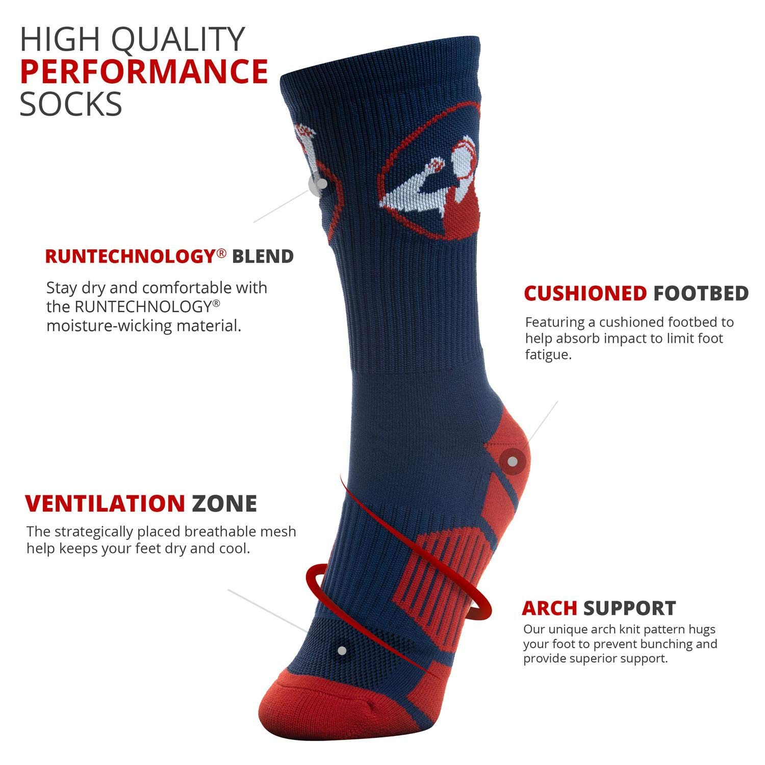 ChalkTalkSPORTS Wrestling Performance Crew Socks - Navy and Red Wrestling Mid-Calf Sock - Youth