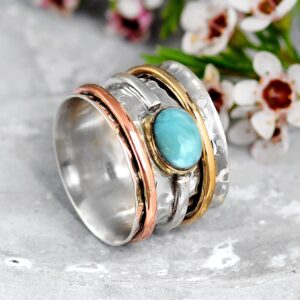 Boho-Magic 925 Sterling Silver Spinner Larimar Ring for Women with Copper and Brass Fidget Rings Bands (9)