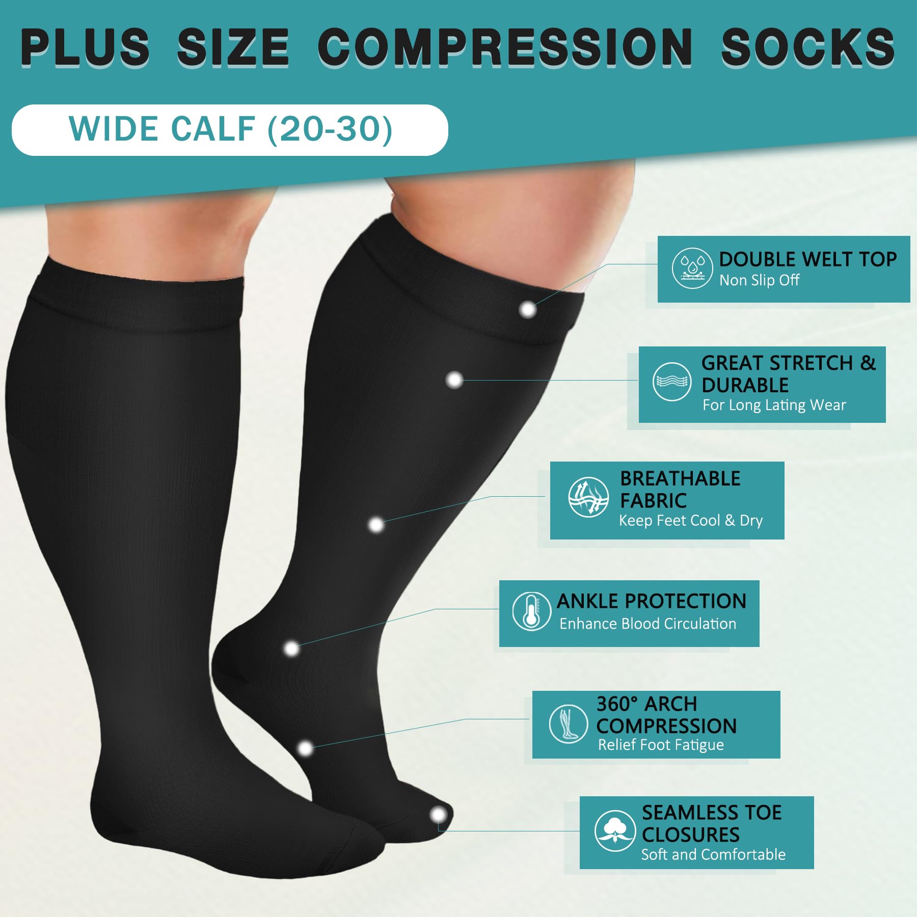 Iseasoo 3 Pairs Plus Size Compression Socks for Men and Women,Wide Calf Extra Large Socks,Prevent Swelling, Pain (4XL, Black)