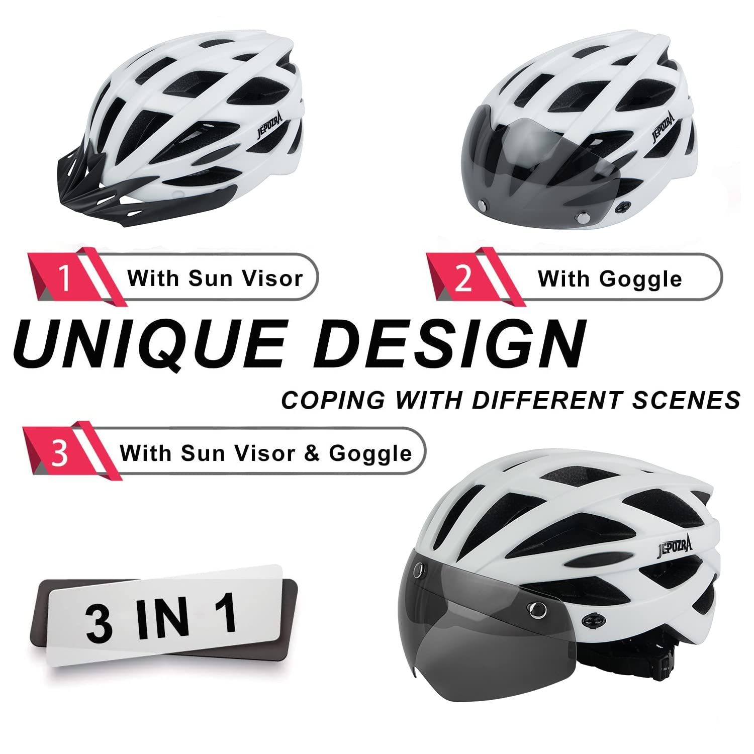 Bike Helmet for Men Women Bicycle Helmet with Removable Visor & Magnetic Goggles Adjustable Size Safety Breathable Mountain & Road Bicycle Helmets Adult Cycling Helmets with Taillight (White)