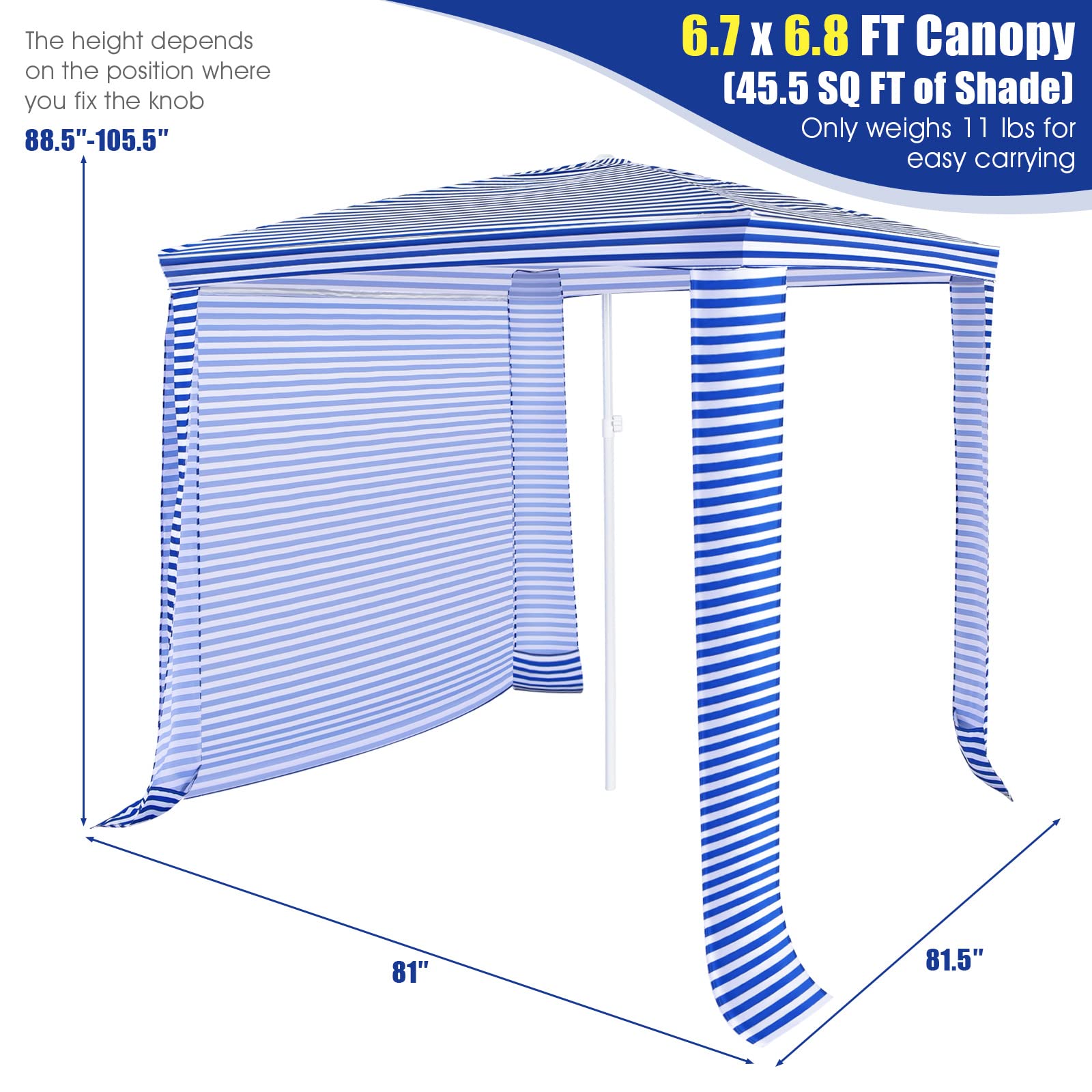 Tangkula 6.7'x6.8' Foldable Beach Cabana, Easy Set-up Portable Beach Tent with Carry Bag, Detachable Side Wall, 4 Sandbags, Wind Vent, Sun-Protection Outdoor Beach Umbrella Shelter for Family