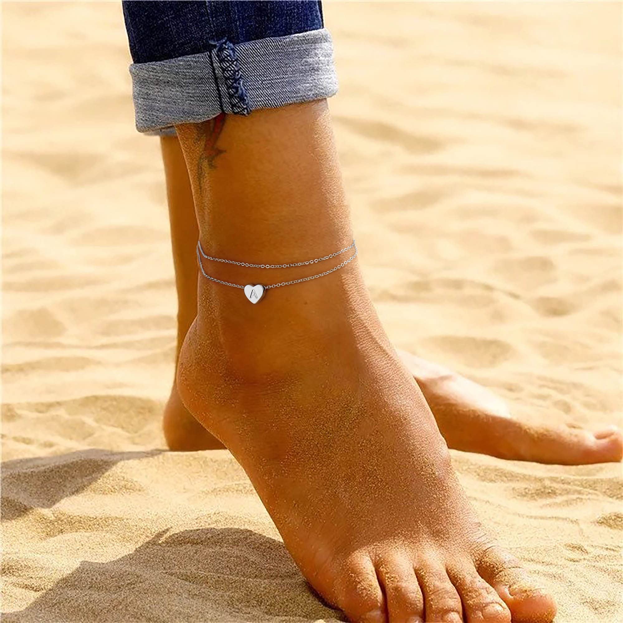 Turandoss Silver Initial Anklet Bracelet for Women, Layered Ankle Bracelet Summer Boho Beach Minimalist Initial Silver Anklet for Women Anklet with Initials A