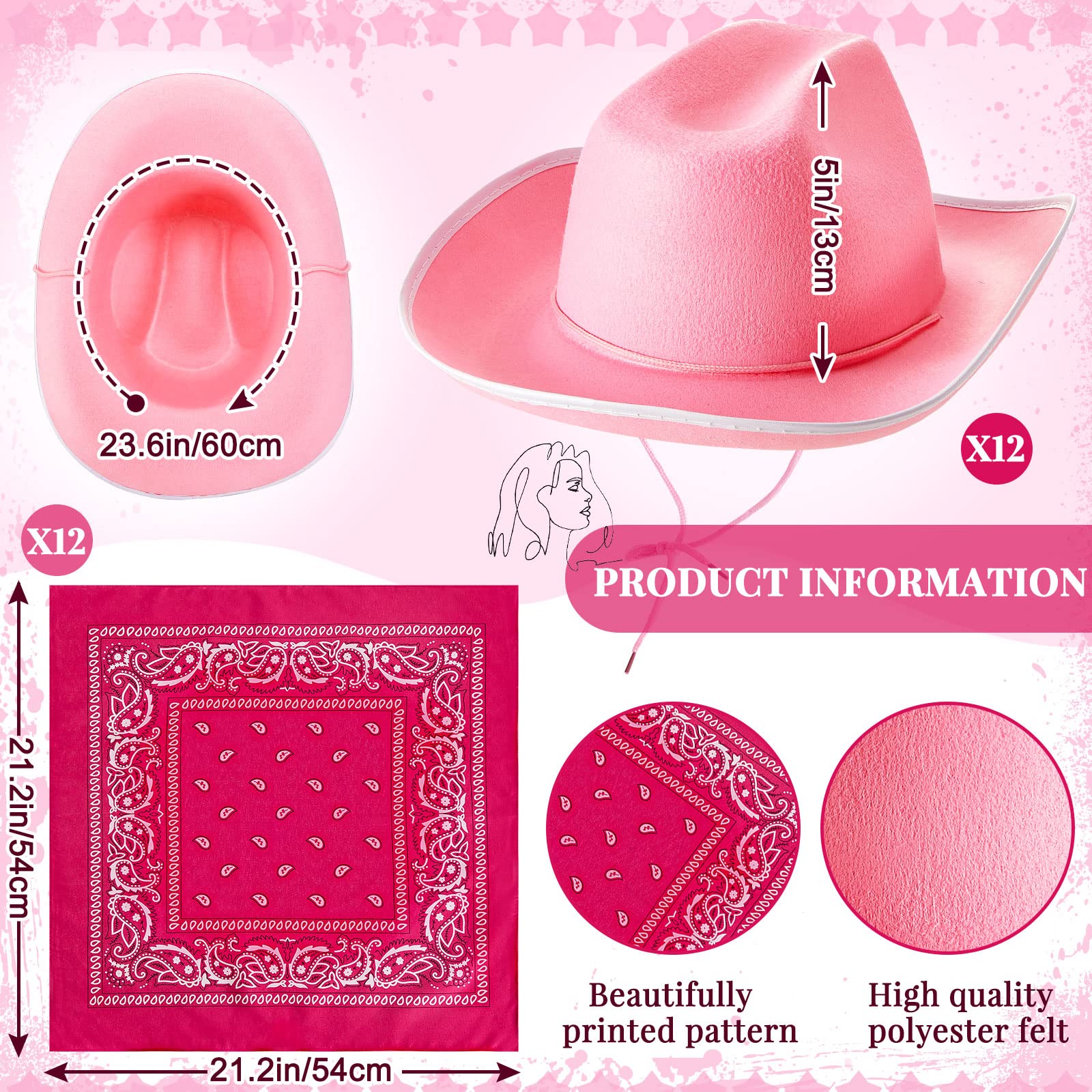 Tarpop 24 Pieces Pink Cowgirl Hat Feather with Paisley Bandanas for Western Cowgirl Party Costume Accessories(Cute Style)