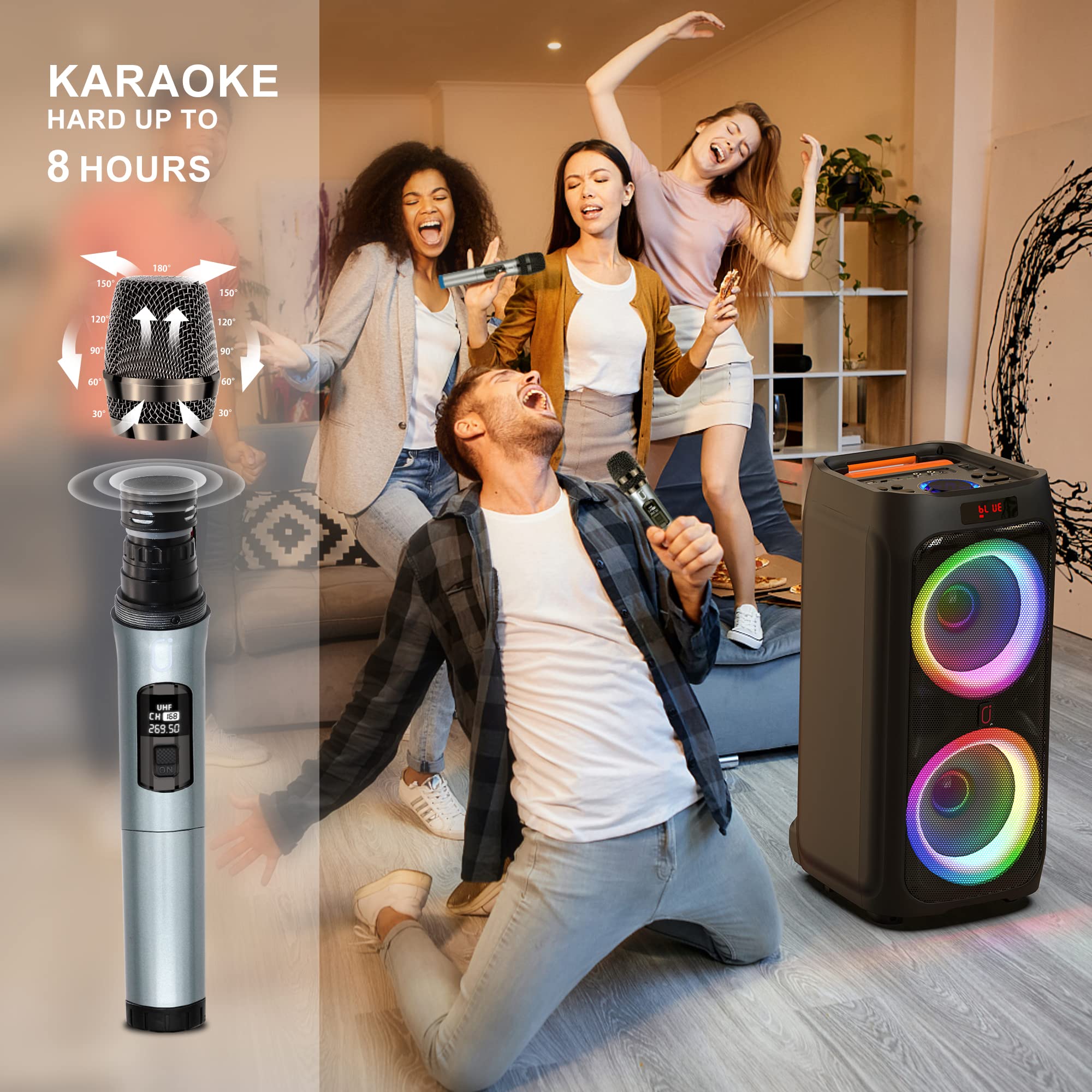 JYX Karaoke Machine with 2 Wireless Microphones for Adults, 8" Big Bluetooth Party Speaker with 500W Peak Power, PA System with LED Disco Light, Rolling Wheels and Trolley, Perfect for Outdoor Home