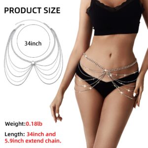 Rhinestone Body Chains Jewelry For Women And Girls Sexy Belly Waist Chain Bikini Beach Accessories Suitable for a Variety of Carnival scenes (Silver)