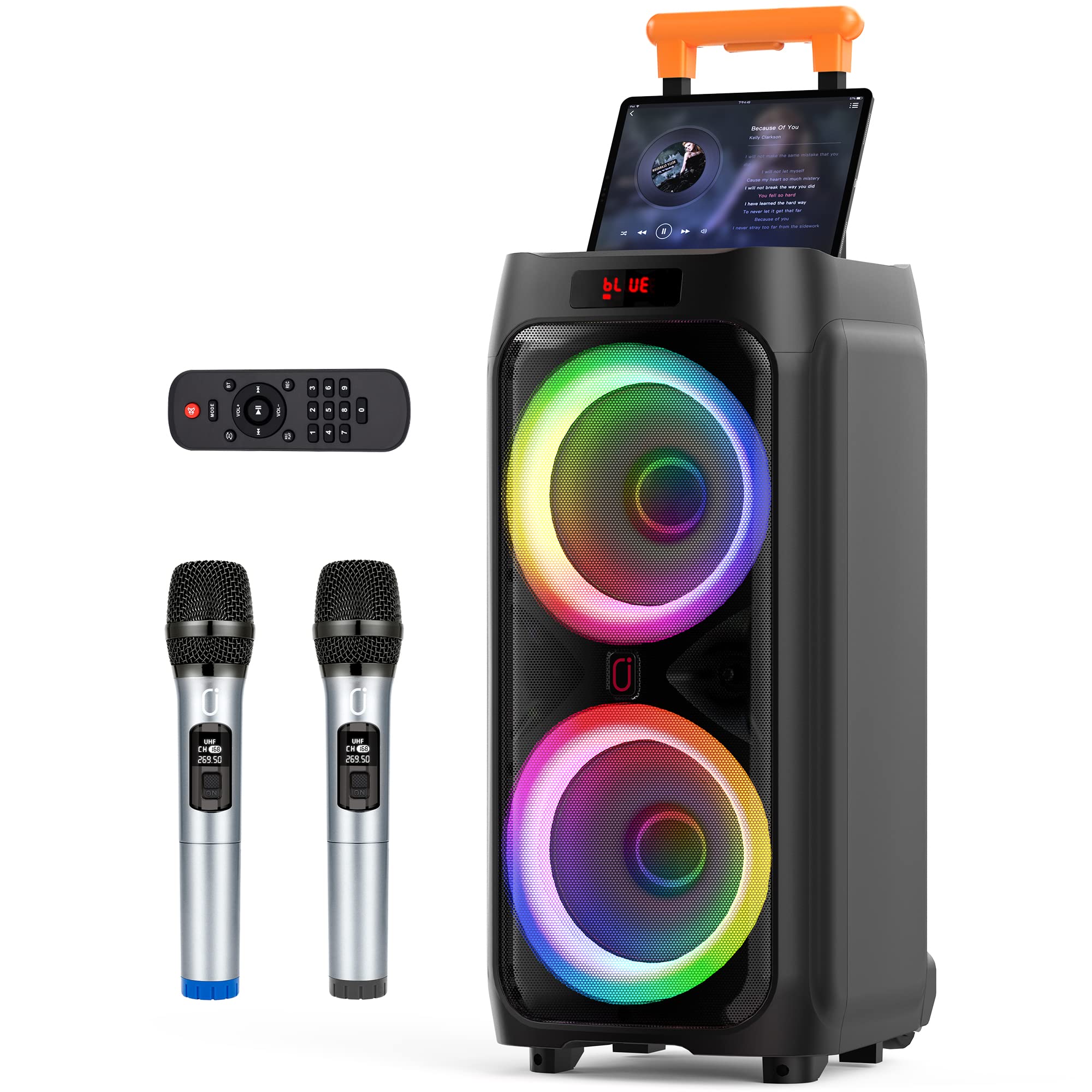 JYX Karaoke Machine with 2 Wireless Microphones for Adults, 8" Big Bluetooth Party Speaker with 500W Peak Power, PA System with LED Disco Light, Rolling Wheels and Trolley, Perfect for Outdoor Home