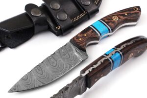 aa knives 8.75” handmade damascus hunting knife with leather sheath - fixed blade knife with turquoise & wang wood handle – ideal for skinning, camping and outdoor