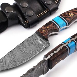 AA KNIVES 8.75” Handmade Damascus Hunting Knife with Leather Sheath - Fixed Blade Knife with Turquoise & Wang Wood Handle – Ideal for Skinning, Camping and Outdoor