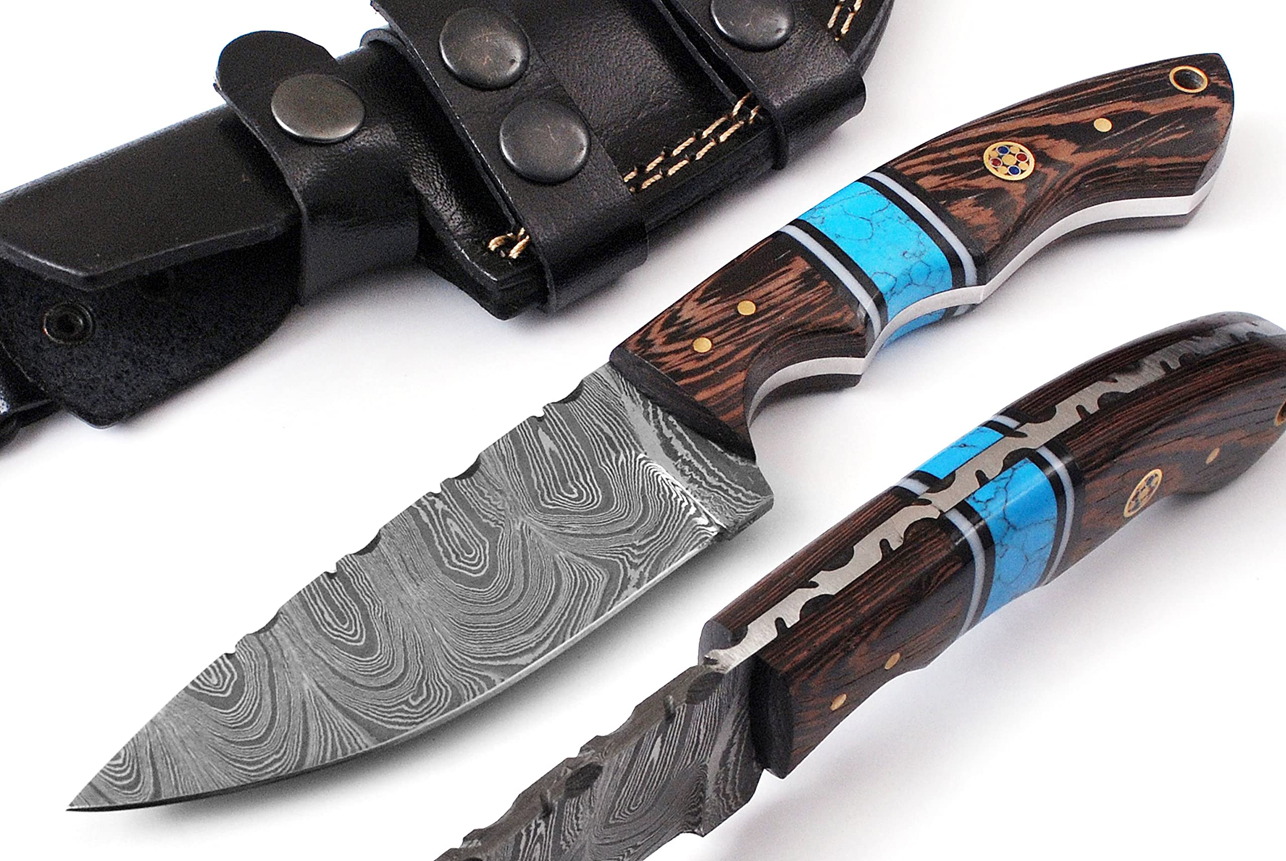 AA KNIVES 8.75” Handmade Damascus Hunting Knife with Leather Sheath - Fixed Blade Knife with Turquoise & Wang Wood Handle – Ideal for Skinning, Camping and Outdoor