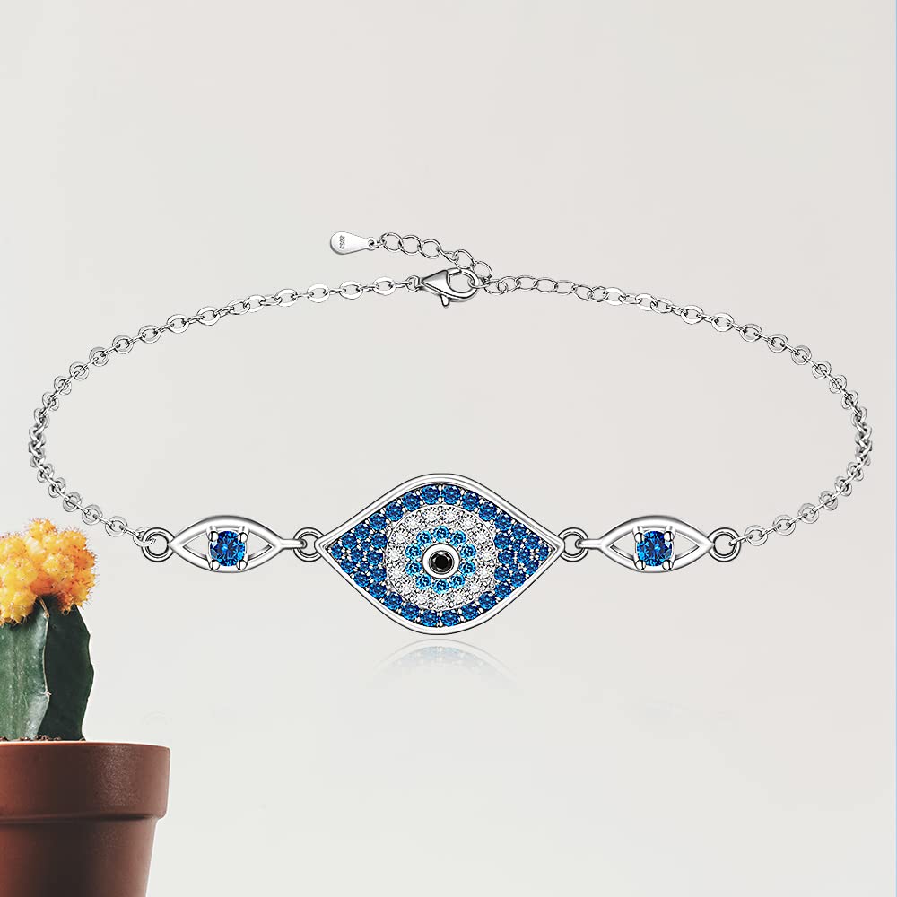 Fenthring Evil Eye Bracelets Sterling Silver Blue Evil Eye Bracelet for Women Protection Greek Turkish Third Eye Jewelry Amulet Mothers Day Gifts