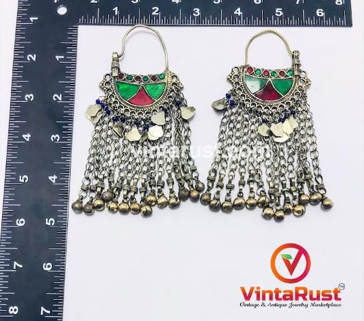 Red and Green Oversized Bells Chaandbaliyaan, Massive Kuchi Boho Earrings With Long Bells, Traditional Afghani Earrings, Vintage Jewelry