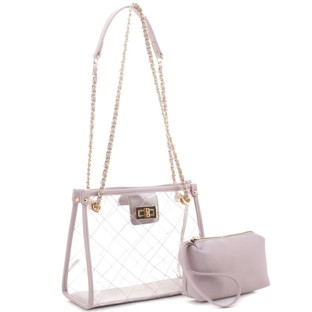 Stadium Concert Vegan Leather Transparent Clear Tote Bag Satchel Crossbody Purse Handbag (Chain 2 Way Square Tote - Light-Mauve [Lavender])