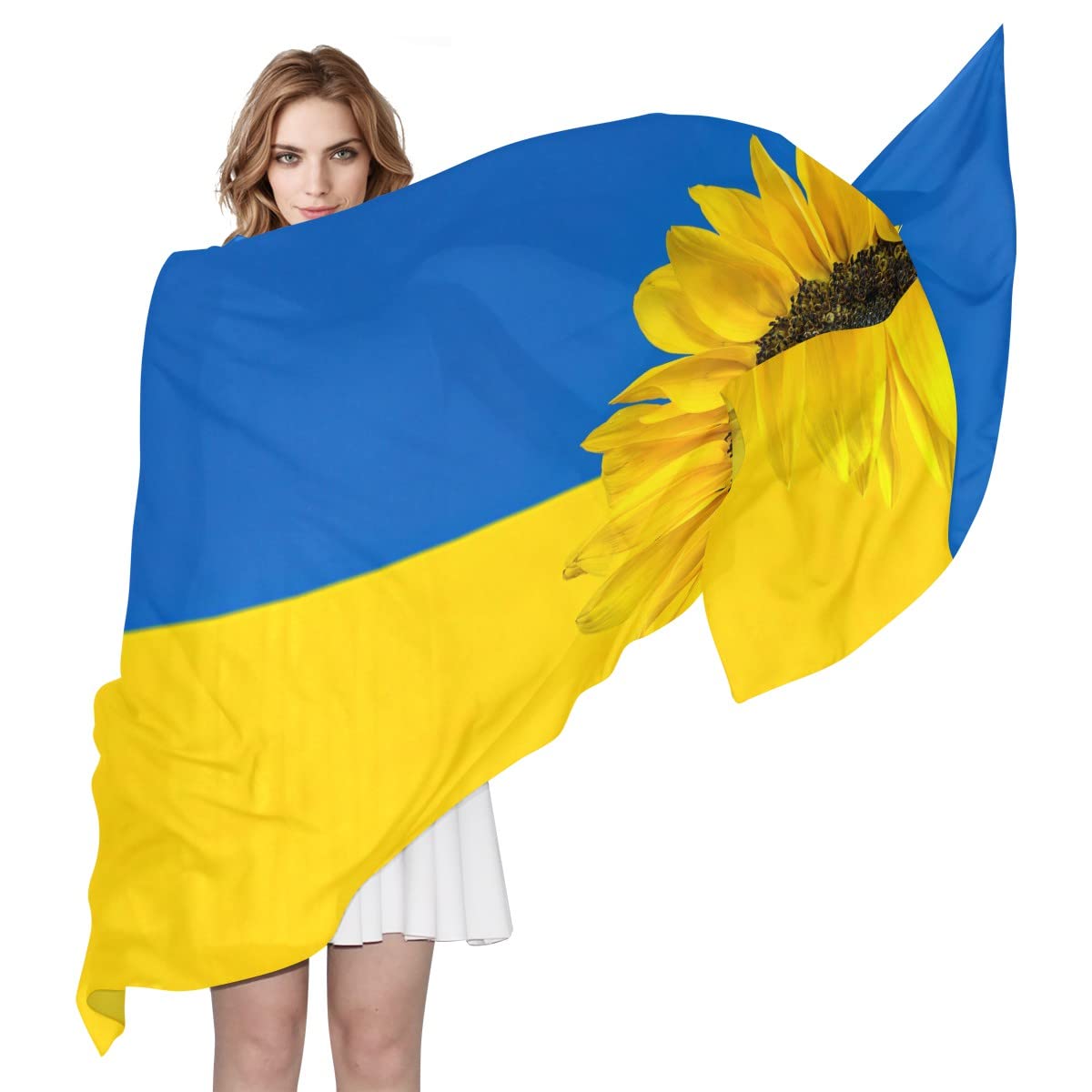 CHIFIGNO Sunflower Ukrainian Flag Long Scarf for Women Large Wrap Stole Fashion Silk Like Neck Scarf