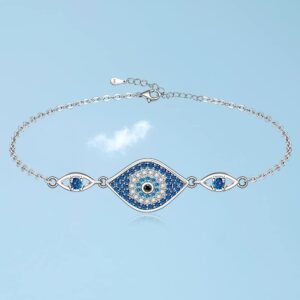 Fenthring Evil Eye Bracelets Sterling Silver Blue Evil Eye Bracelet for Women Protection Greek Turkish Third Eye Jewelry Amulet Mothers Day Gifts