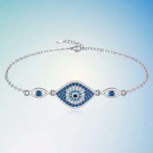 Fenthring Evil Eye Bracelets Sterling Silver Blue Evil Eye Bracelet for Women Protection Greek Turkish Third Eye Jewelry Amulet Mothers Day Gifts