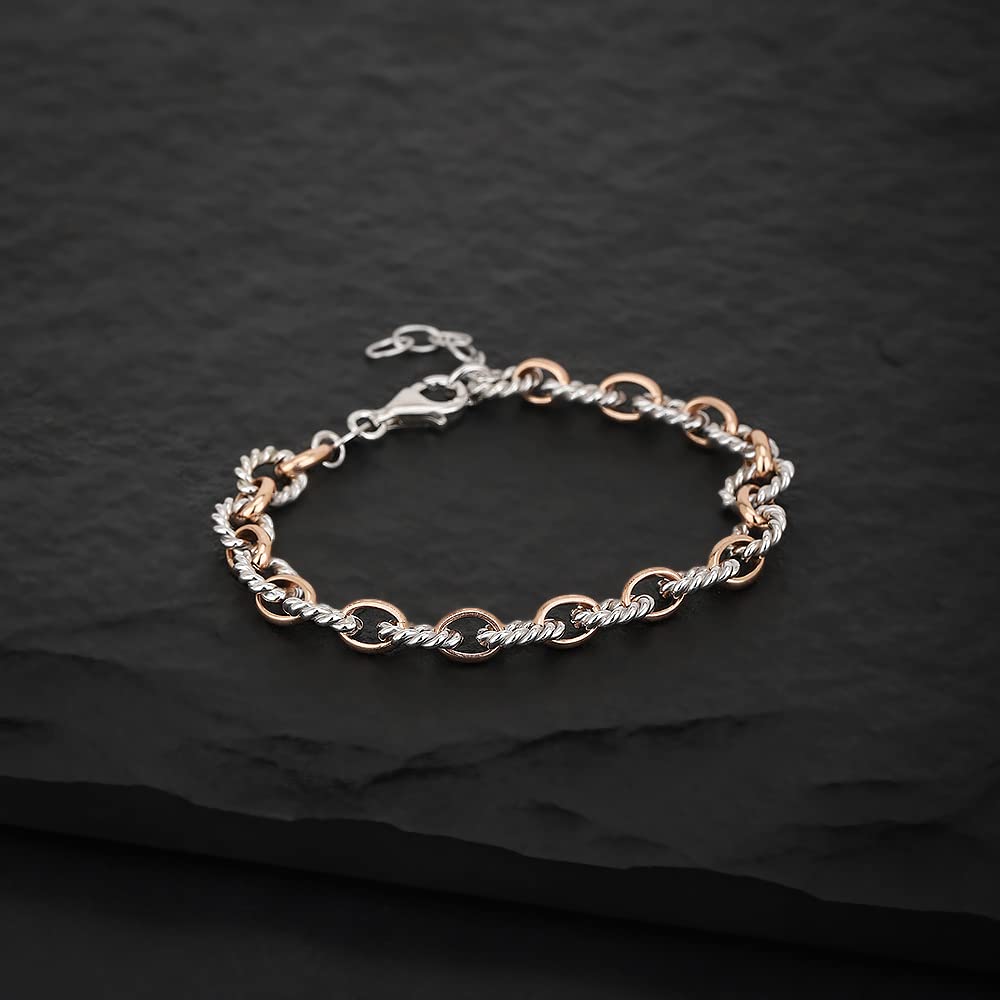 Vanbelle Sterling Silver Jewelry - Silver and Rose Gold Plated with 925 Stamp - Twisted Wire Link Chain Bracelet - Elegant Handcrafted for Women - 6.5" long + 1" extender