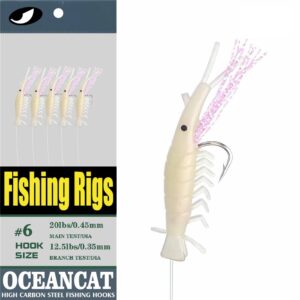 ocean cat 10 packs luminous shrimp fishing rigs with string hooks glow fishing beads high carbon hooks for freshwater saltwater fishing lures bait rig tackle (6#, 10pcs)