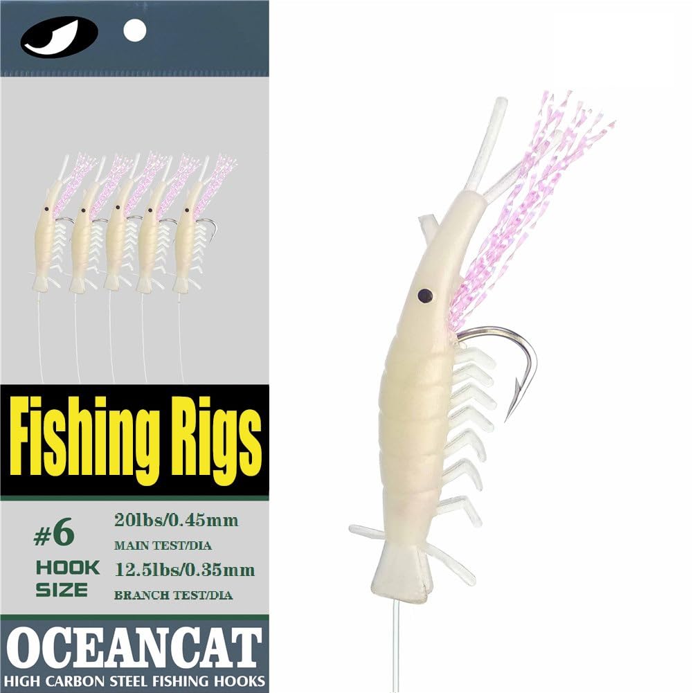 OCEAN CAT 10 Packs Luminous Shrimp Fishing Rigs with String Hooks Glow Fishing Beads High Carbon Hooks for Freshwater Saltwater Fishing Lures Bait Rig Tackle (6#, 10pcs)