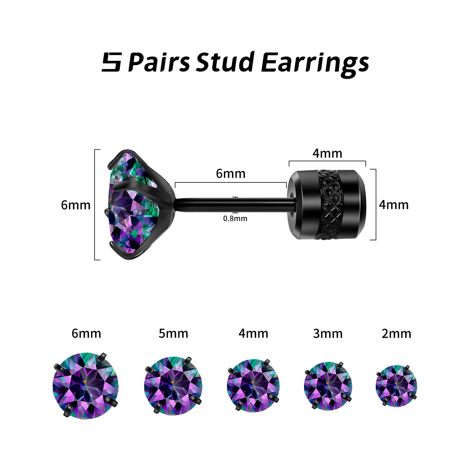 5 PACK Titanium Studs Earrings Screw Back for Women Men Stainless Steel Hypoallergenic Tiny Cubic Zirconia Tragus 20G Piercing for Sensitive Ears Simulated Diamond Cartilage Titanium Earrings,