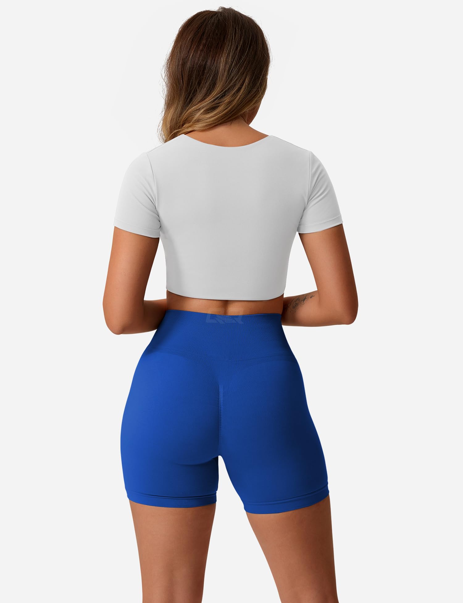 QOQ Workout Shorts Womens Seamless Scrunch Gym Shorts High-Waisted Butt Lifting Fitness Shorts Solid Blue M