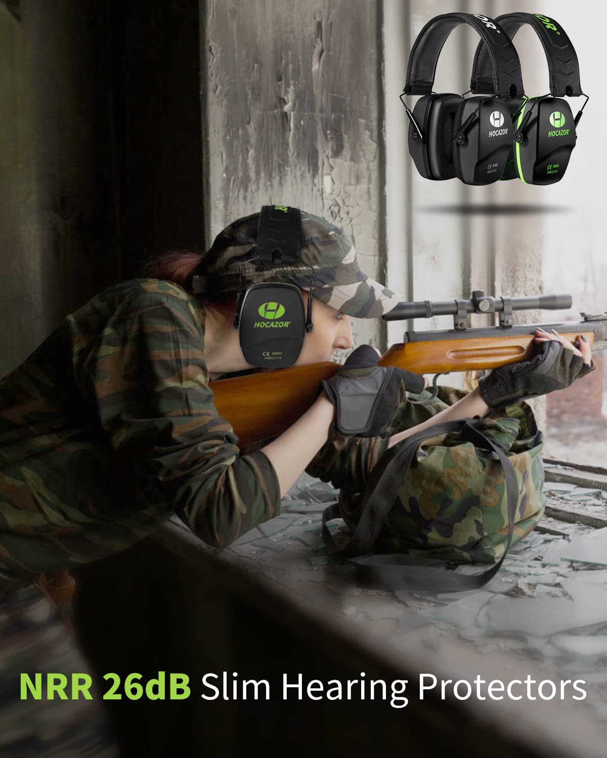 Hocazor Shooting Ear Protection NRR 26dB Suit for Shooters Hunting Range Racing Concert Sports Events Airports - Black&Green HO1006