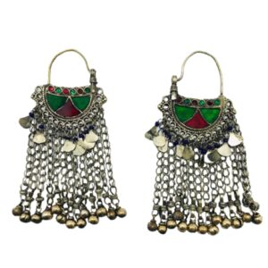 Red and Green Oversized Bells Chaandbaliyaan, Massive Kuchi Boho Earrings With Long Bells, Traditional Afghani Earrings, Vintage Jewelry