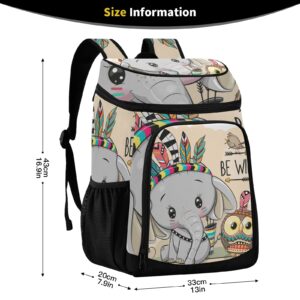 Elephant Owl Feather Cooler Backpack Insulated Leak Proof Lunch Backpack 36 Cans Portable Cooler for Beach Shopping Picnic Camping Hiking Park Trips