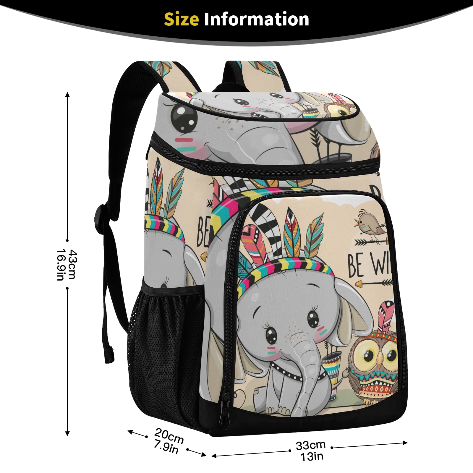 Elephant Owl Feather Cooler Backpack Insulated Leak Proof Lunch Backpack 36 Cans Portable Cooler for Beach Shopping Picnic Camping Hiking Park Trips