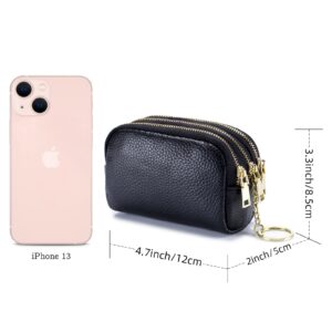 LINNO 3 Zippered Genuine Leather Coin Purse Triple Capacity Change Pouch Little Travel Wallet With Key Ring for Women