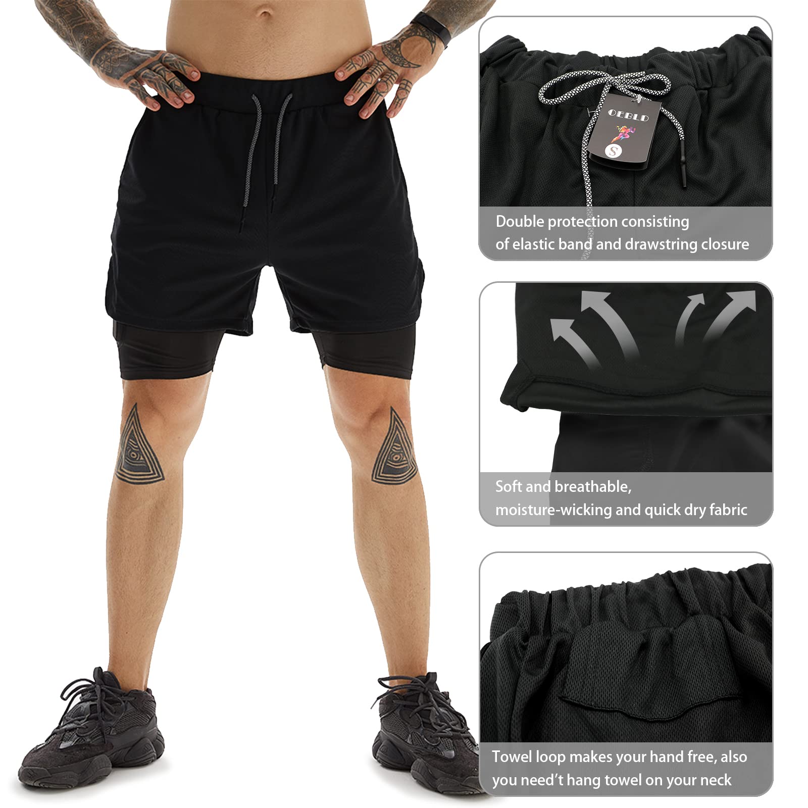 OEBLD Mens Athletic Shorts 2-in-1 Gym Workout Running 7'' Shorts with Towel loop