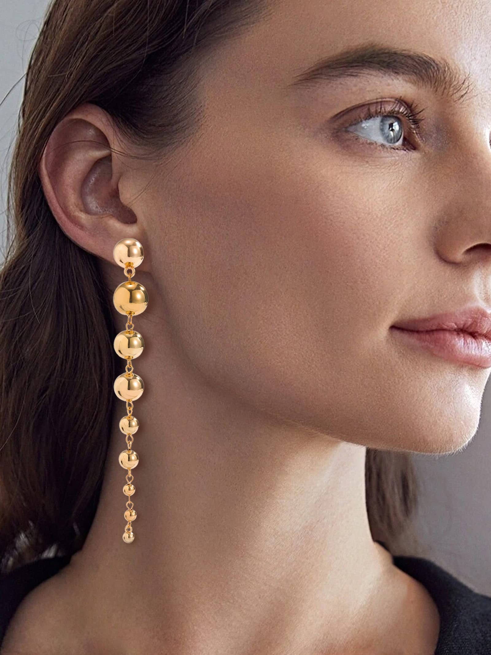 Gold Ball Dangle Earrings Link Round Ball Drop Earring for Women Statement Long Chain Ball Earrings Jewelry (Gold）