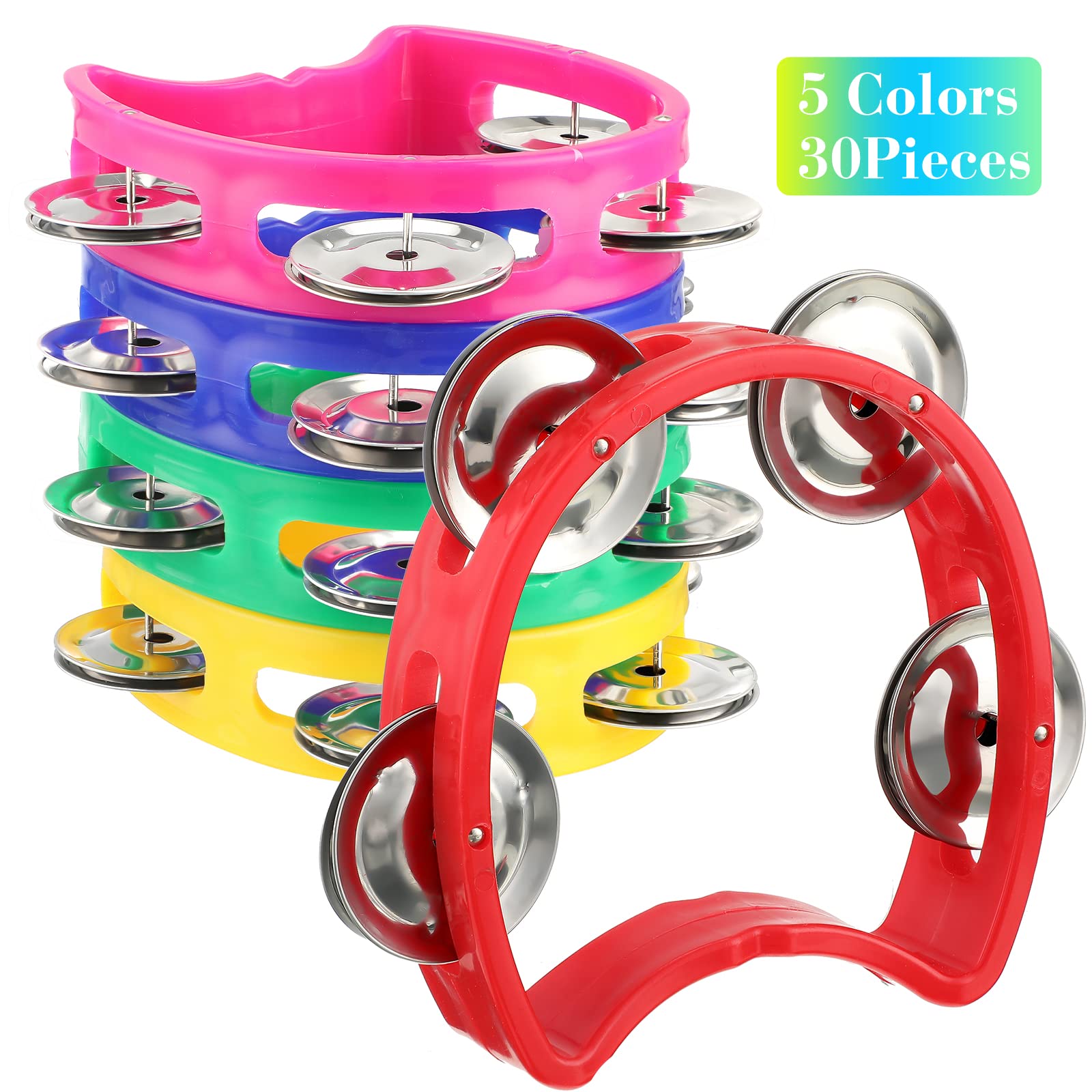 Yeshone 30 Pack Tambourine for Kids Adult Tamborines Musical Instrument Noise Makers 4 Bells Handheld Toy Tambourines for Charity Church Christian Kindergarten wedding Christmas Party(Multicolors)