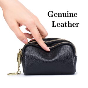 LINNO 3 Zippered Genuine Leather Coin Purse Triple Capacity Change Pouch Little Travel Wallet With Key Ring for Women