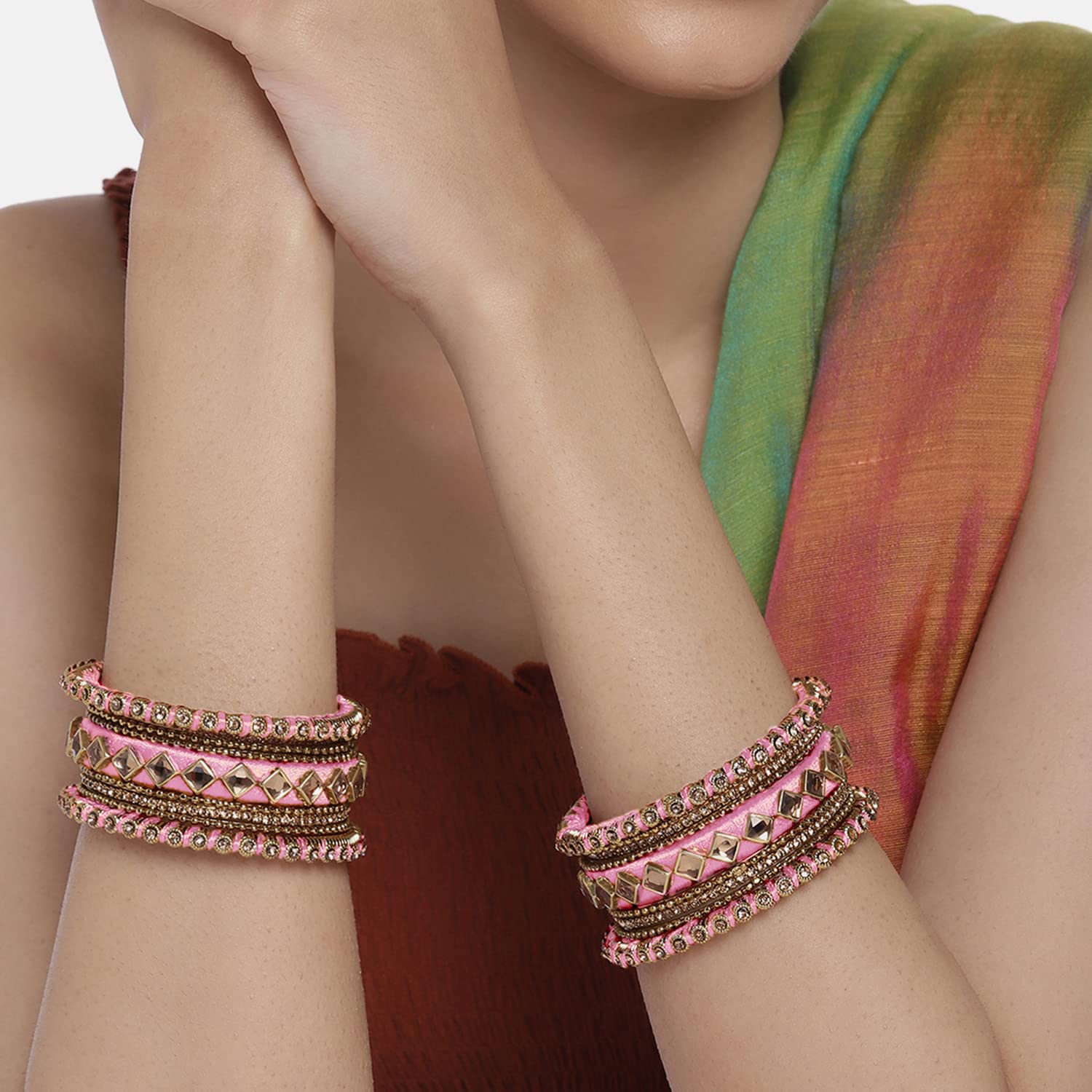 Aheli Pink Silk Thread Kundan Chuda Chura Bangle Set For Women and Girls (Size - 2.6)